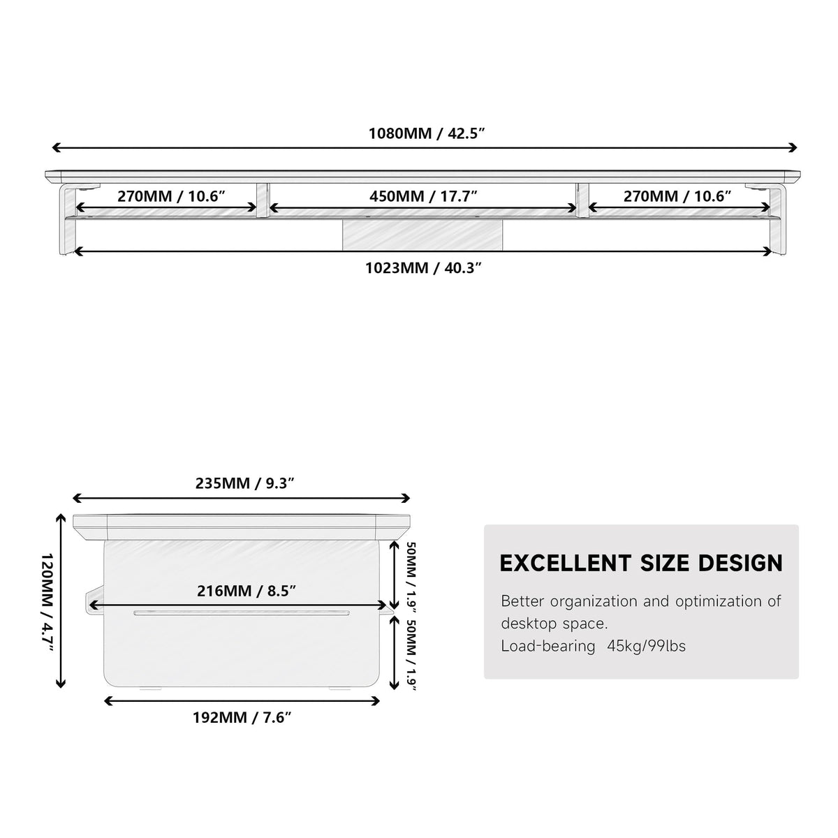 Acrylic Dual Monitor Riser 42.5 Inch - White - 2 Tier Desk Shelf, 18mm Board with Steel Core