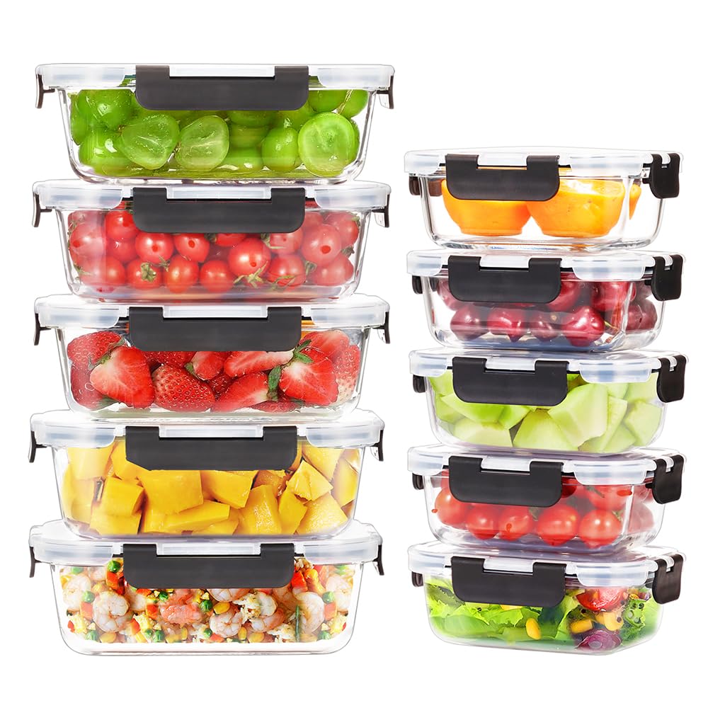 Glass Food Storage Containers 10 Pack - 1040ml and 370ml - Borosilicate Glass, Snap Lids with Silicone Seals, BPA Free