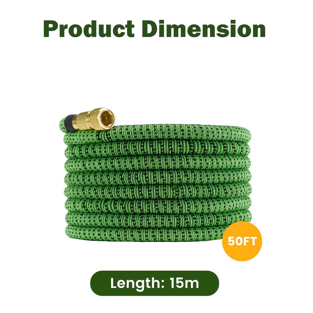 Expandable Garden Hose 50FT - Green - Stretches to 3x Length, 10 Function Nozzle plus Mist Nozzle, 1/2 and 3/4 BSP