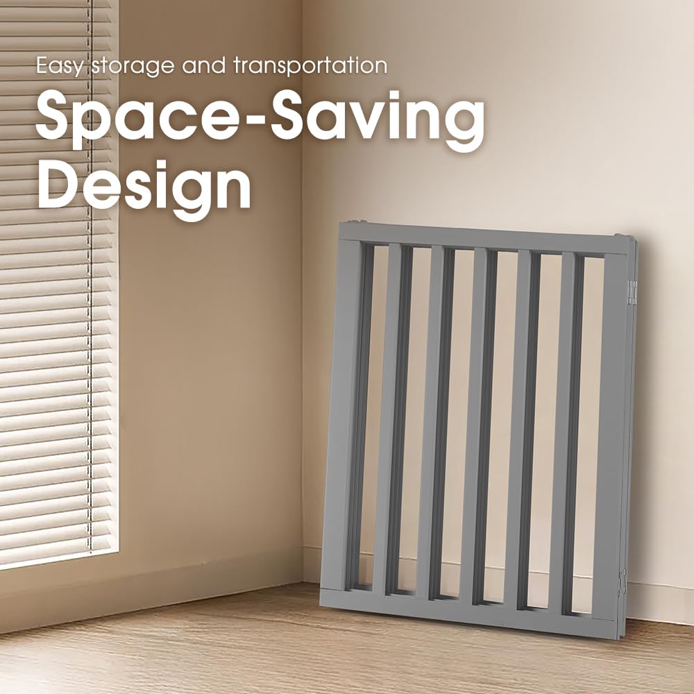 Foldable Dog Gate 4 Panel - Grey, 188 x 61cm - No Drill Freestanding, 180 Degree Hinges, MDF and Stainless Steel