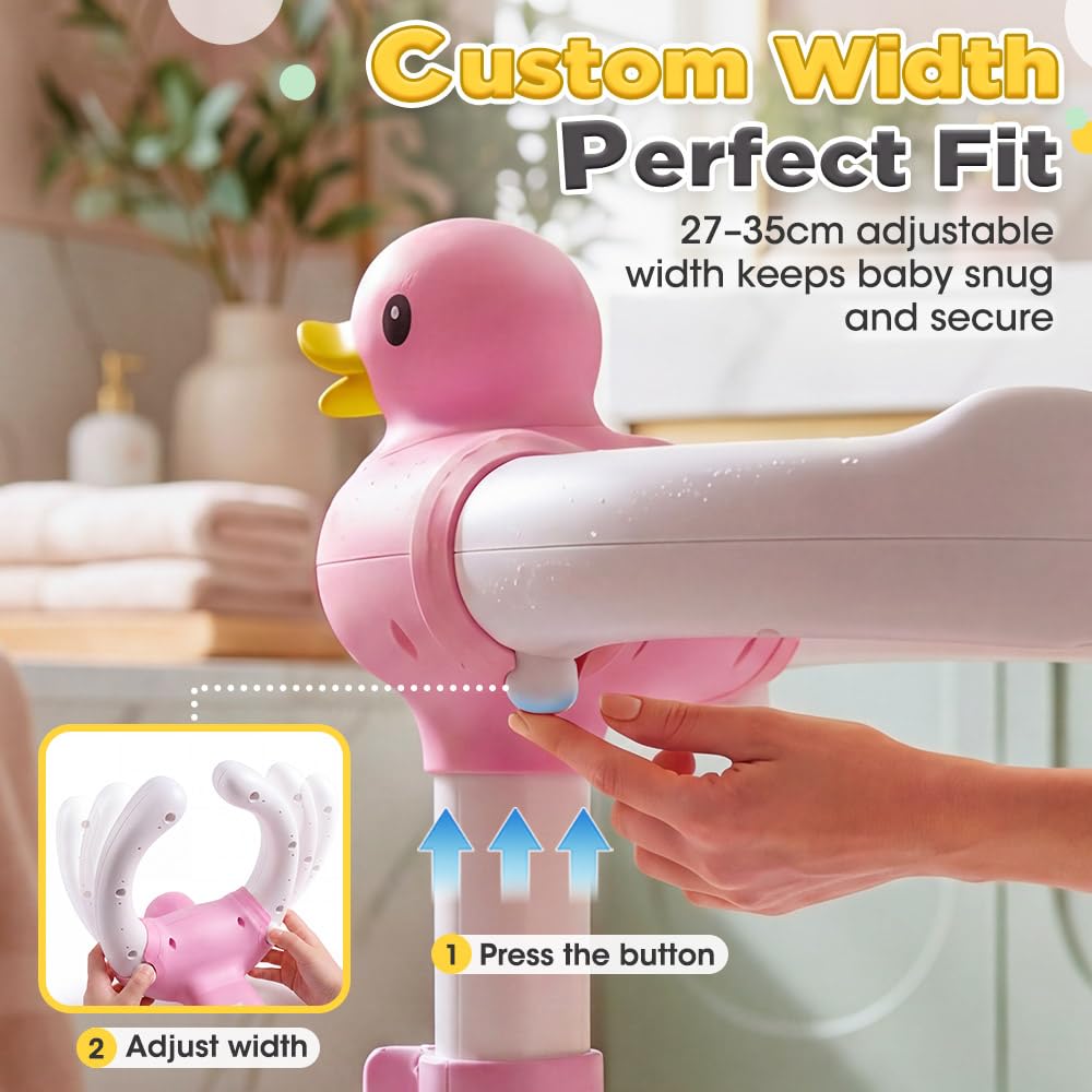 Baby Bath Shower Stand - Pink - 9 Height Levels, Anti-Slip Base, Anti-Pinch Silicone