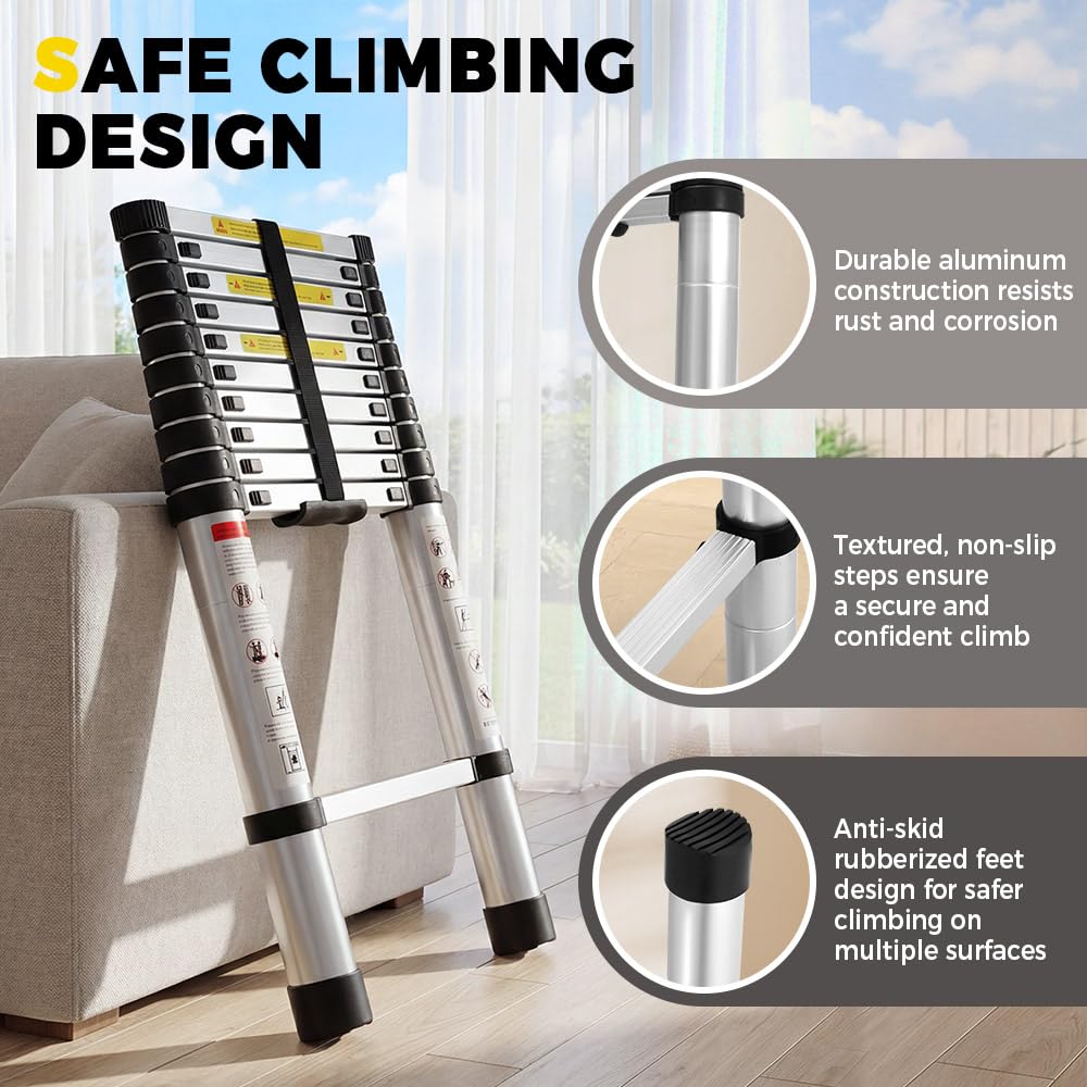 Telescopic Aluminium Ladder 3.2m - Silver - 150kg Capacity, Auto Lock Sections, Collapses for Storage, Carry Bag