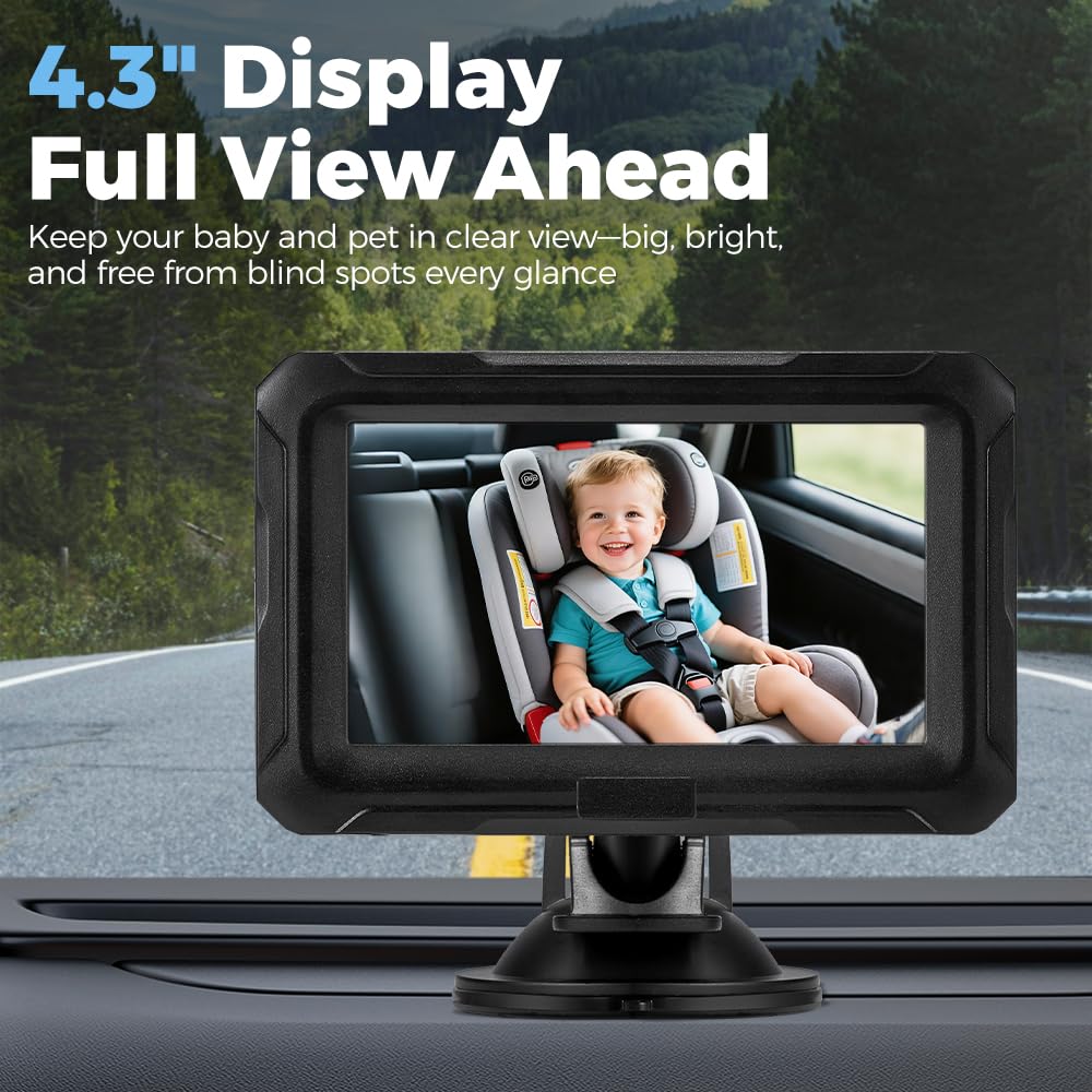 Baby Car Mirror Camera - 4.3in 1080P HD - Infrared Night Vision, 150 Degree Wide Angle, 360 Rotation