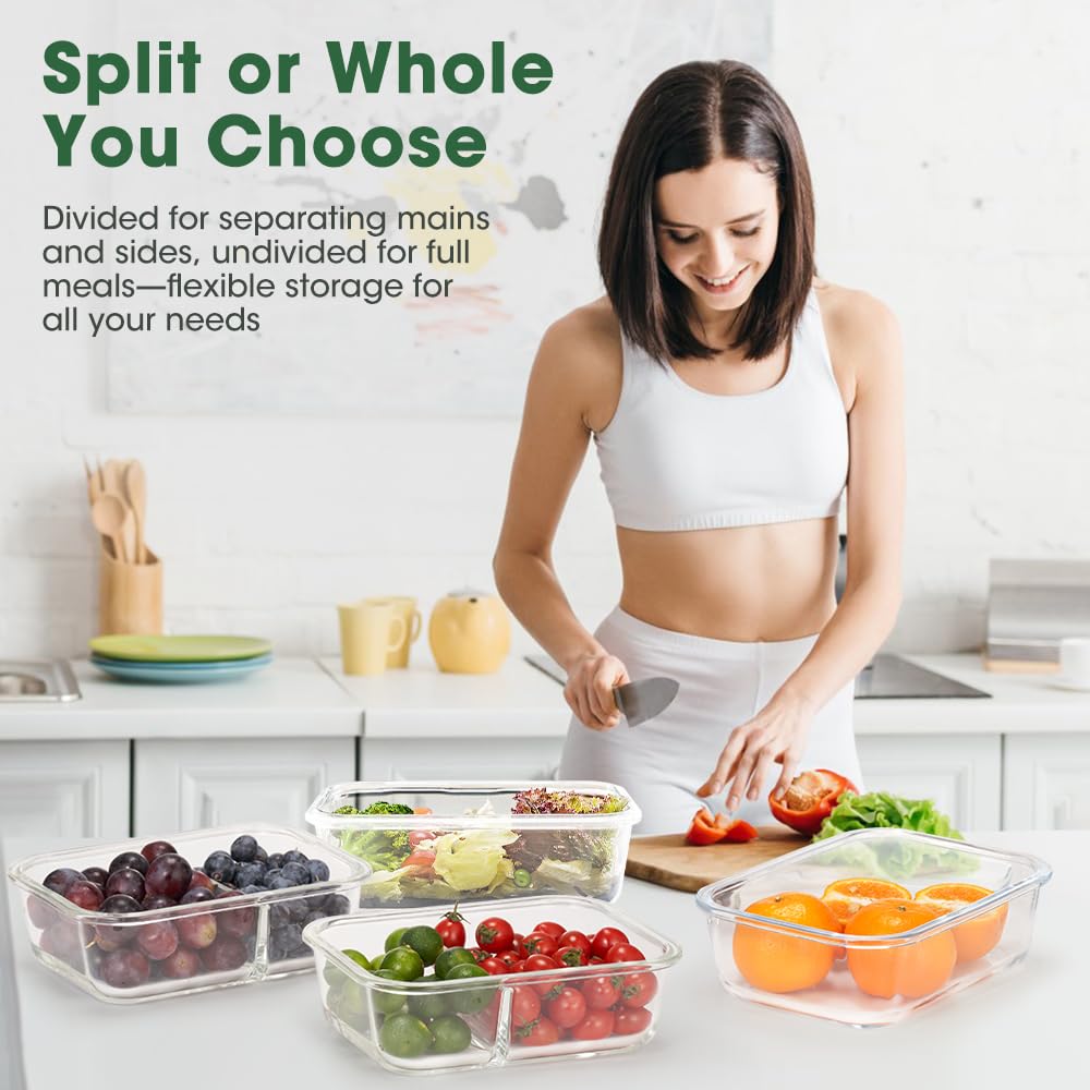 Glass Food Storage Containers 5 Pack - 1040ml - Borosilicate Glass, 2 Compartments, Snap Lids with Silicone Seals