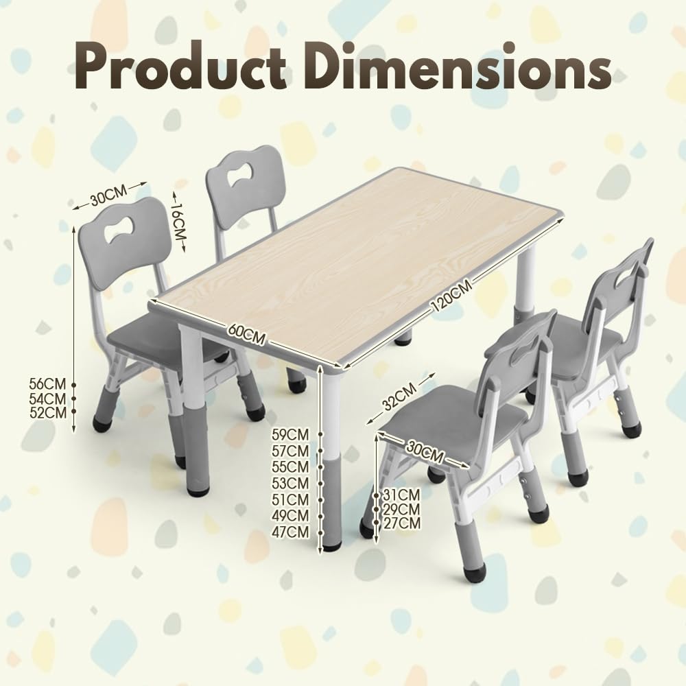 Kids Table and Chair Set with 4 Chairs - Grey 120 x 60cm - 7-Level Height Adjust, Wipe-Clean Top