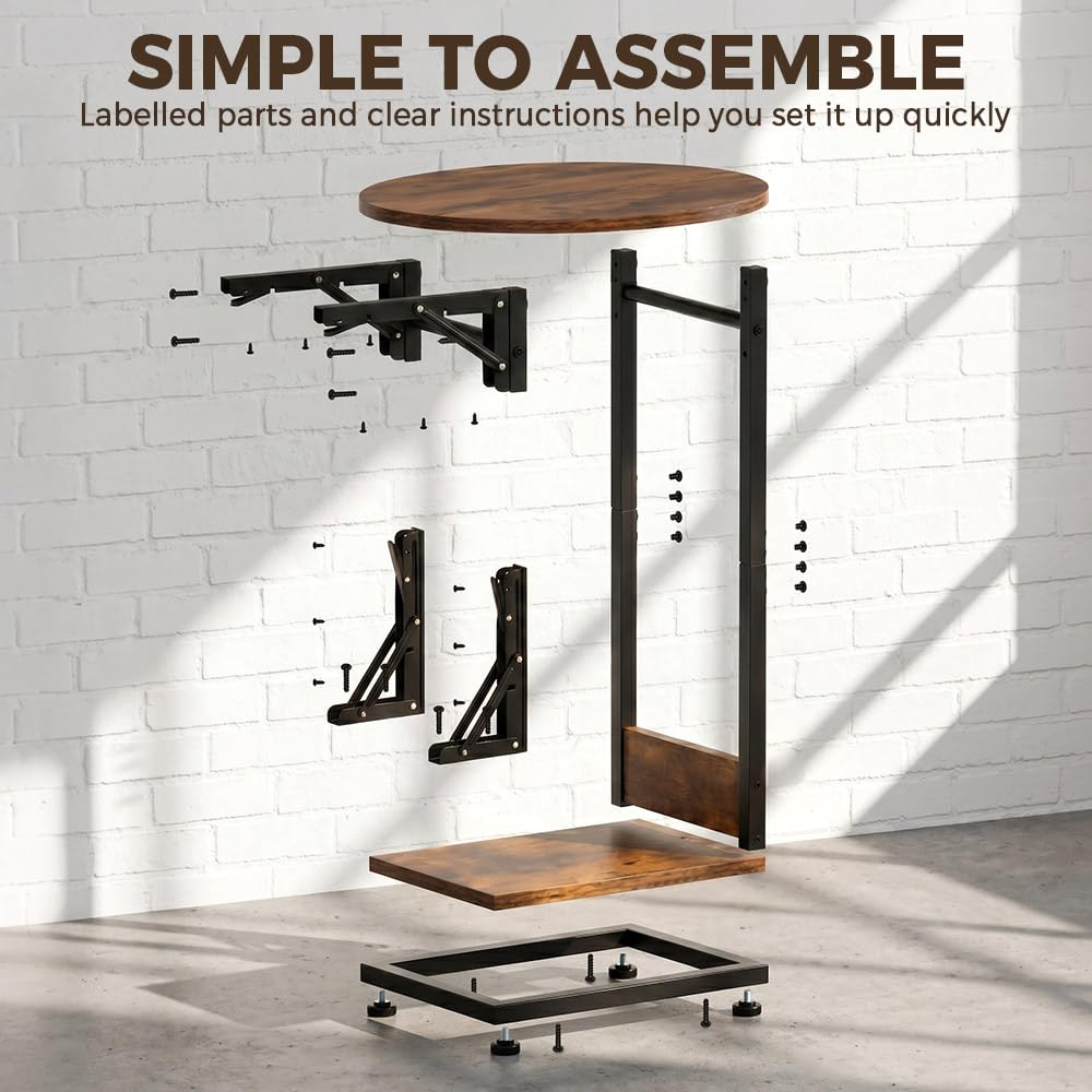 Foldable C Shaped Side Table 2 Tier - Vintage Brown - 33 x 40 x 65cm, Metal Frame, Folds Flat Without Tools