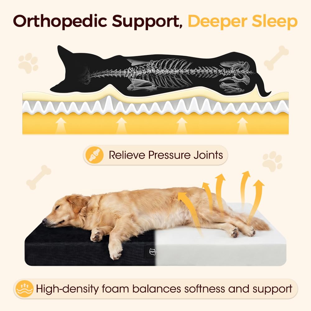 Orthopedic Dog Bed with Waterproof Lining - Black, Medium 71 x 58 x 8cm - Memory Foam, Coral Fleece, Washable Cover