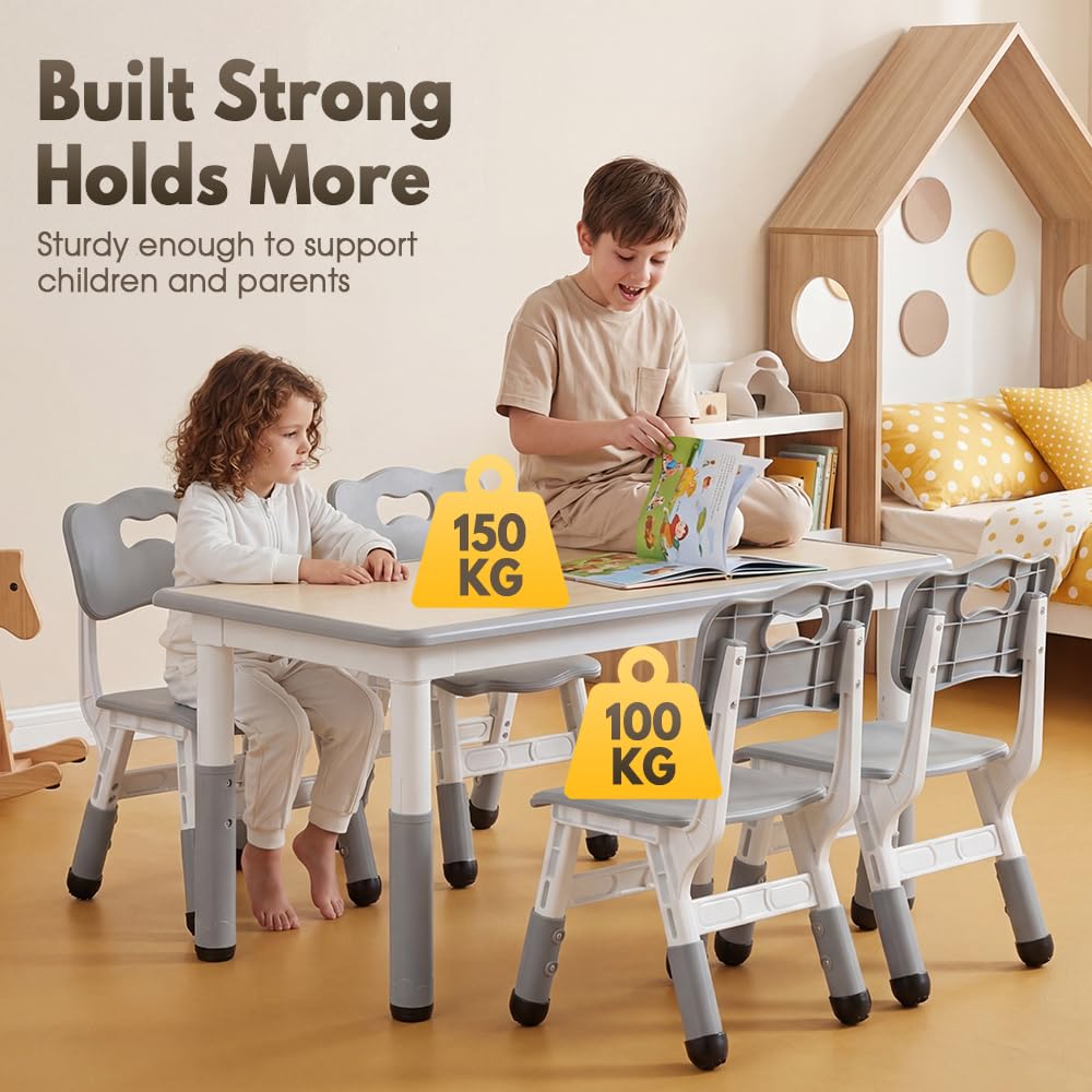 Kids Table and Chair Set with 4 Chairs - Grey 120 x 60cm - 7-Level Height Adjust, Wipe-Clean Top
