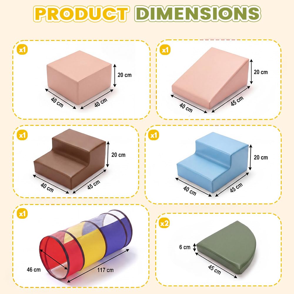 Soft Play Set 7 Piece - Morandi - Crawl Tunnel, PU Leather Foam Blocks, Non-Slip Base
