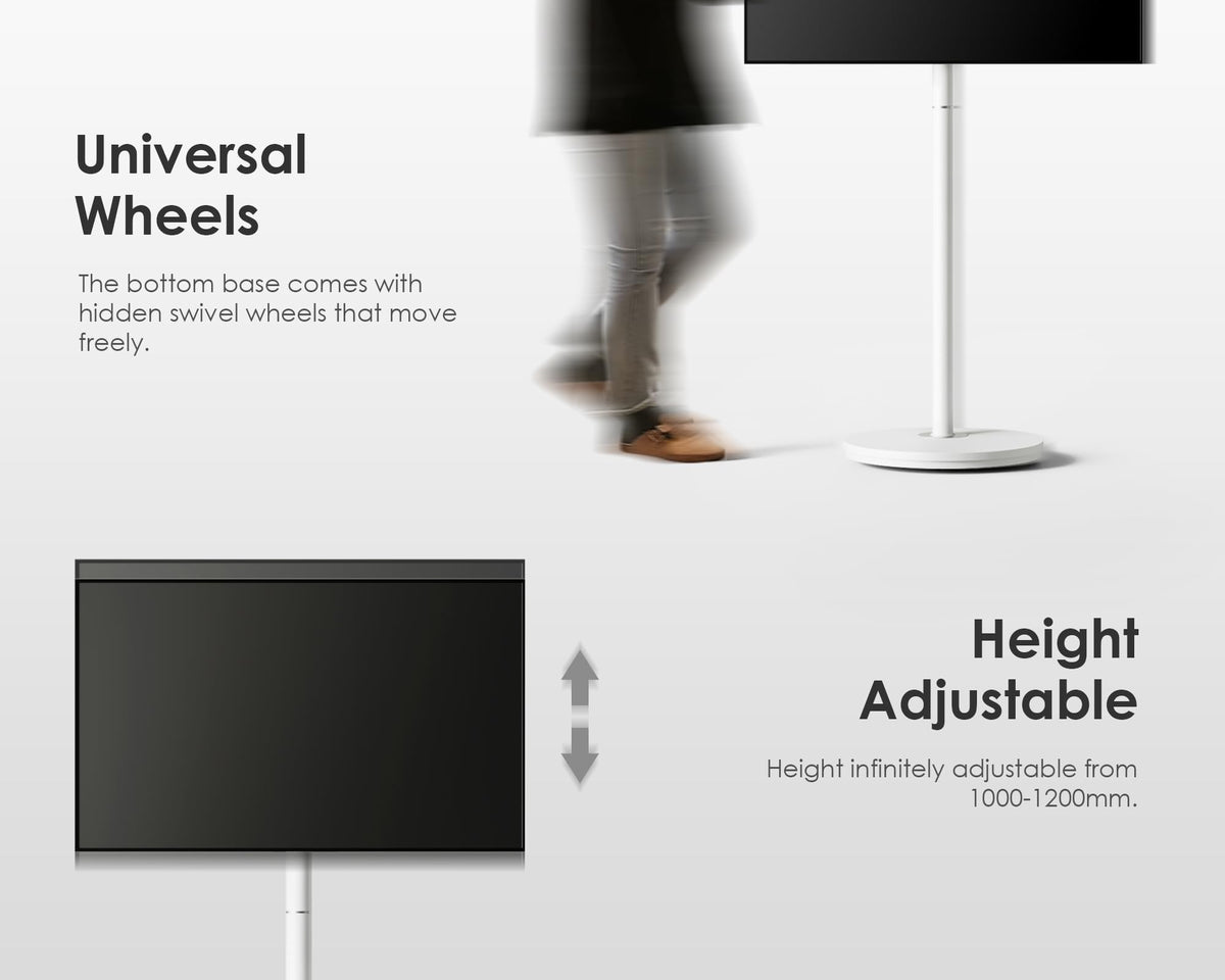 Small Rolling TV Stand for 24-48 Inch TVs - White - Minimalist Portable Cart, Hidden Wheels, Max VESA 200x200