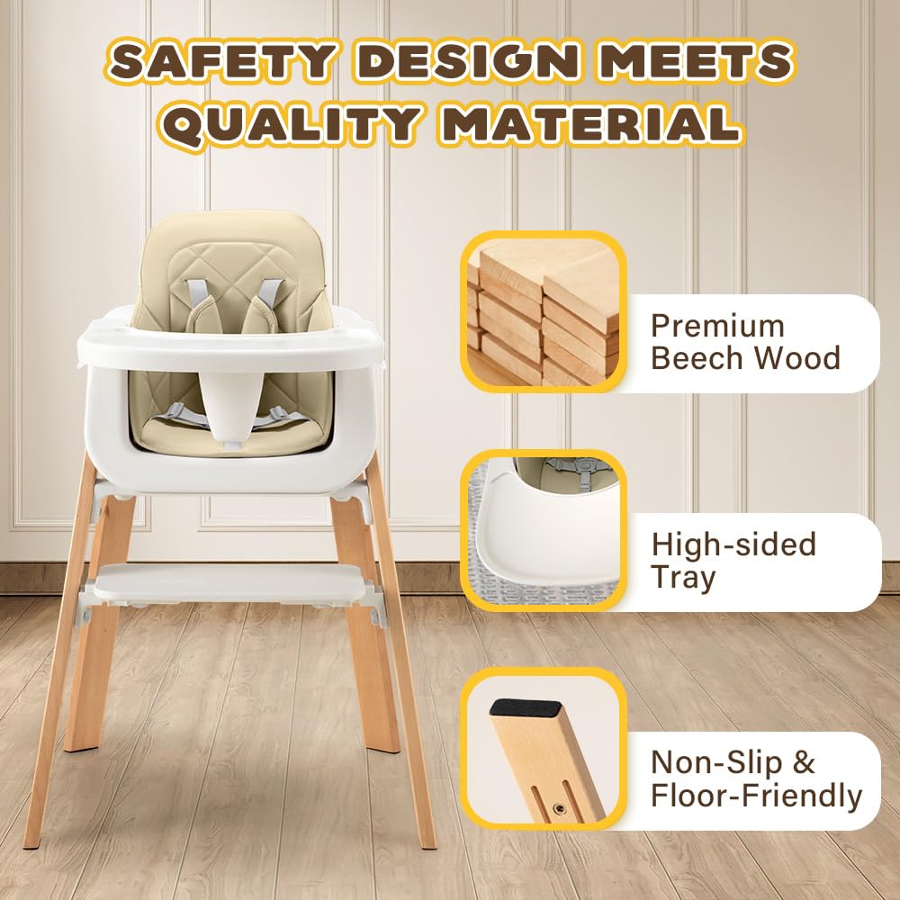 3-in-1 Wooden Baby High Chair - Khaki - 5-Point Harness, Food-Grade Tray, 5-Level Footrest