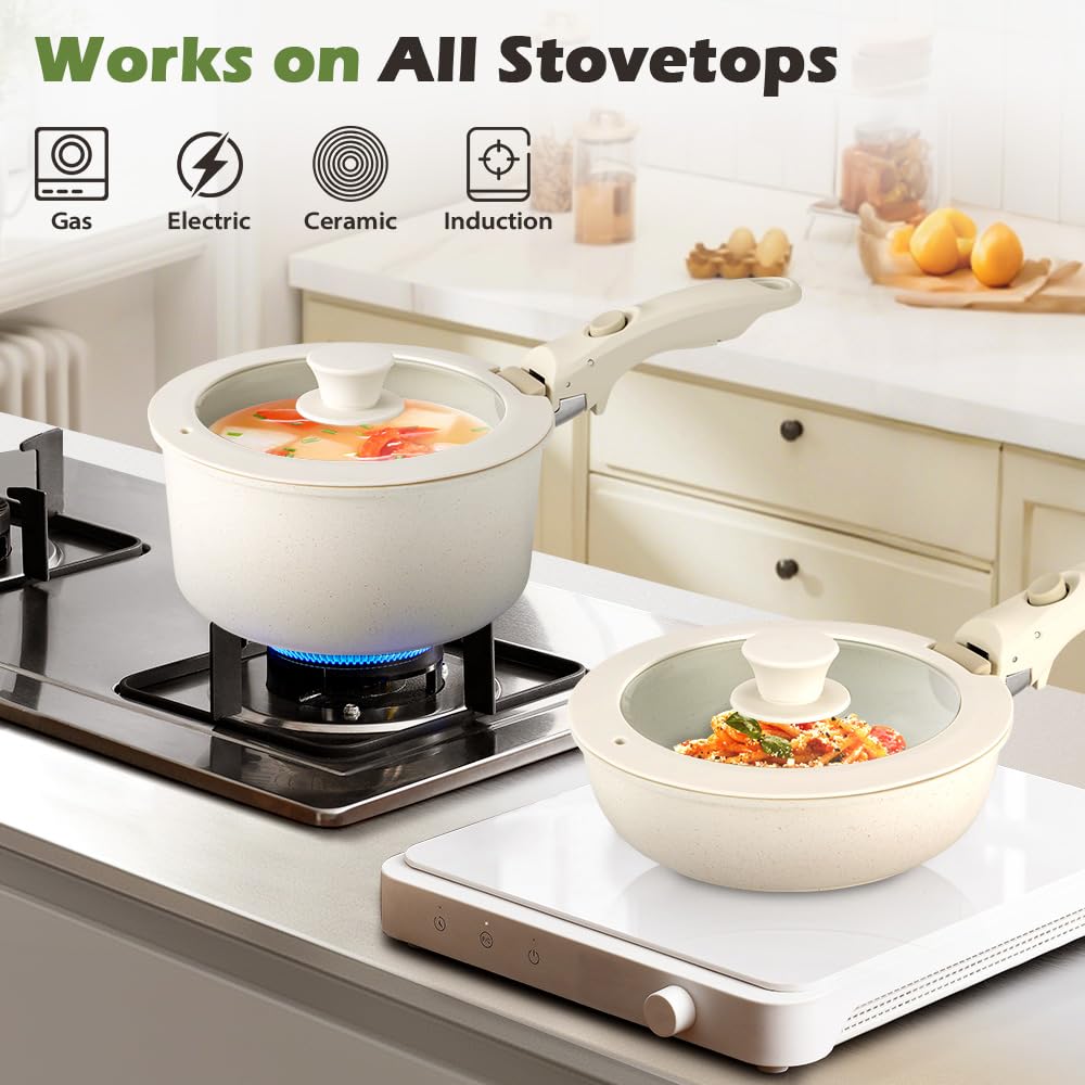 Detachable Handle Cookware Set 20 Piece - White - Nonstick Granite Coating, PFOA and PFOS Free, Induction Ready