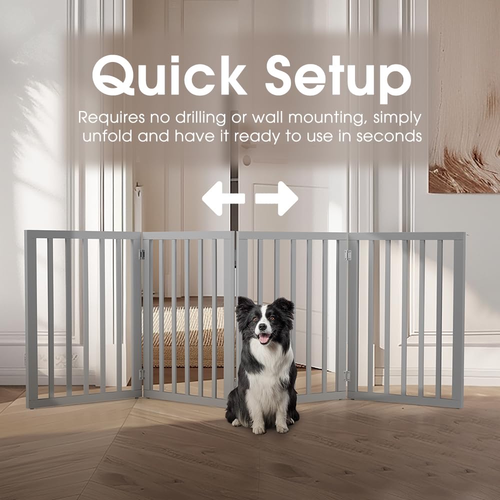 Foldable Dog Gate 4 Panel - Grey, 188 x 61cm - No Drill Freestanding, 180 Degree Hinges, MDF and Stainless Steel