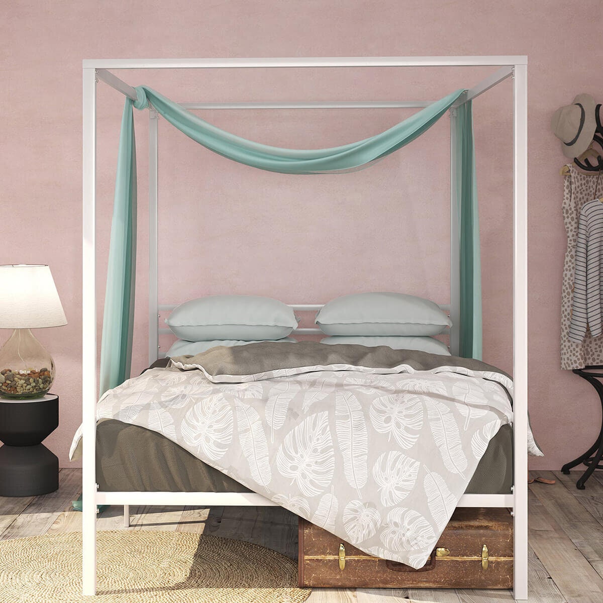 Zinus Patricia queen metal canopy bed frame - white finish, 35cm under-bed clearance - AU-CPBFW-Q