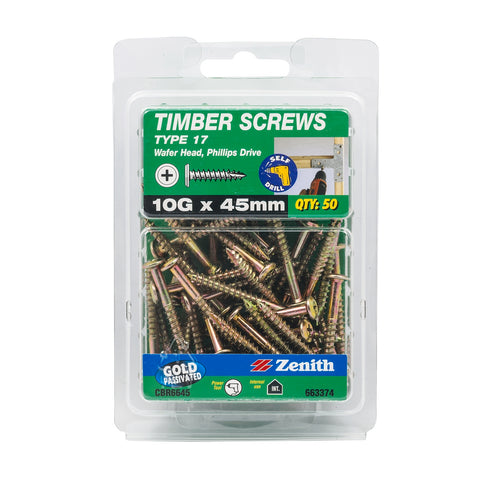 Zenith 10G x 45mm Gold Passivated Type 17 Wafer Head Timber Screws - 50 Pack