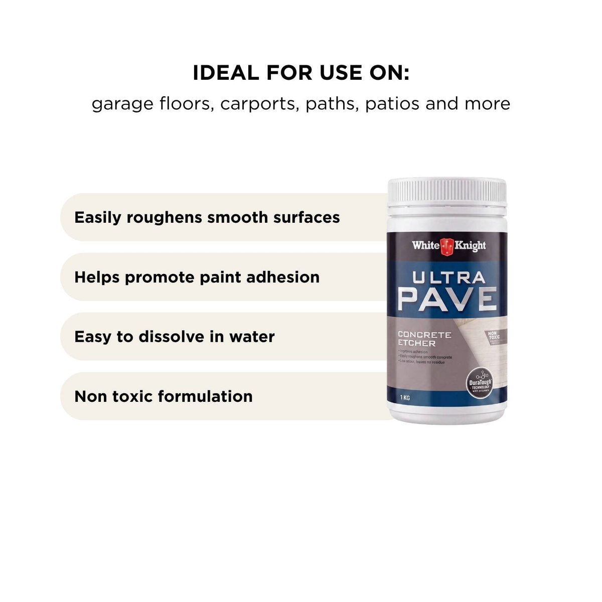 White Knight Ultra Pave 1kg Concrete Etcher - Surface Prep for Paving & Concrete Paint, 40m2/L