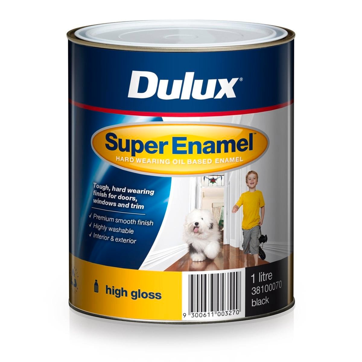 Dulux Super Enamel High Gloss Oil Based Paint 1L Black, Interior & Exterior, UV Resistant