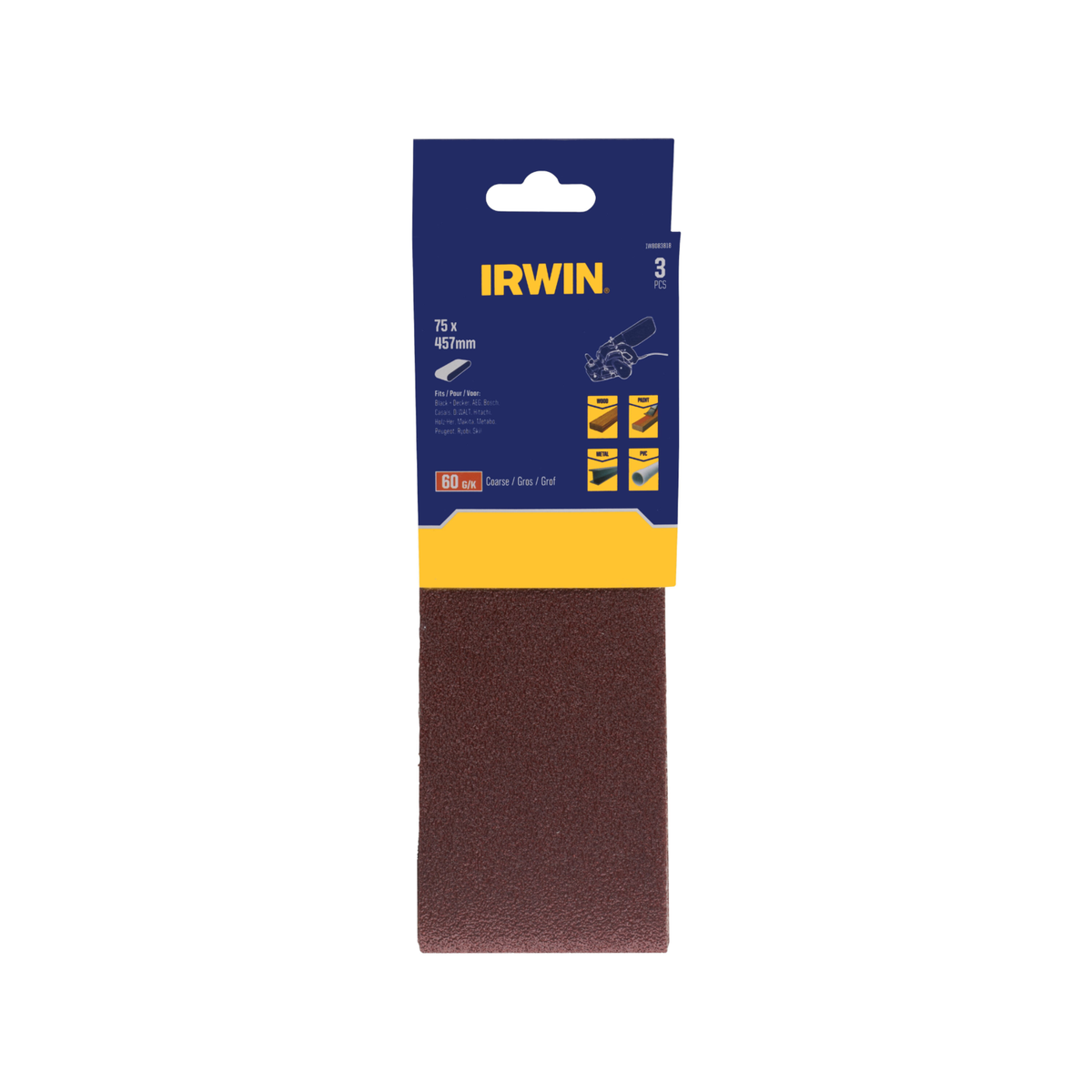 Irwin Sanding Belt 3 Pack - 75 x 457mm - 60 Grit - Woodworking & Metalworking - SuperSaverAU - view 1