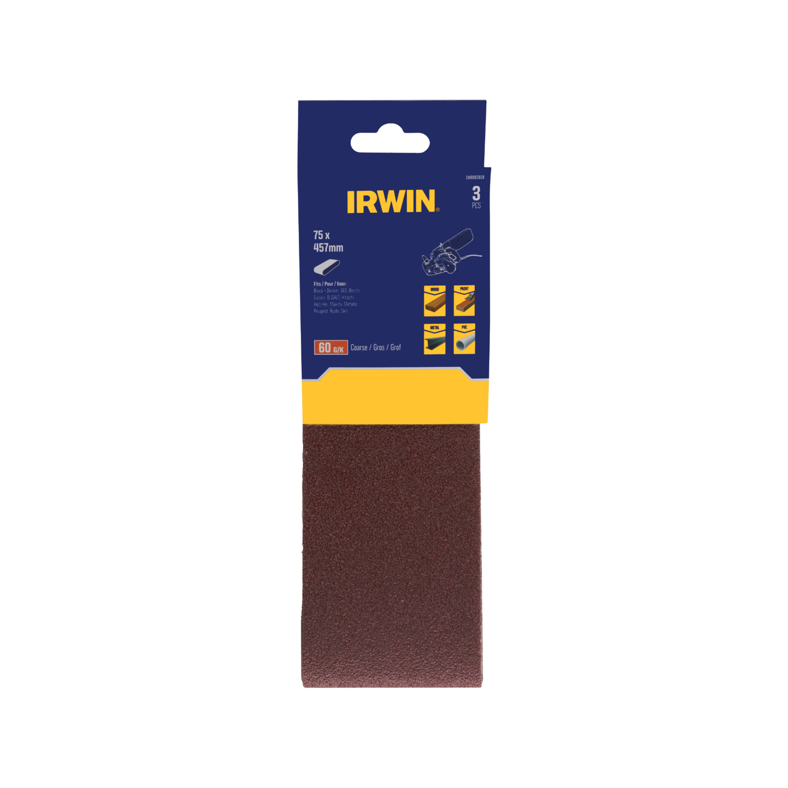 Irwin 75 x 457mm 60 Grit Sanding Belt 3 Pack for Wood & Metal