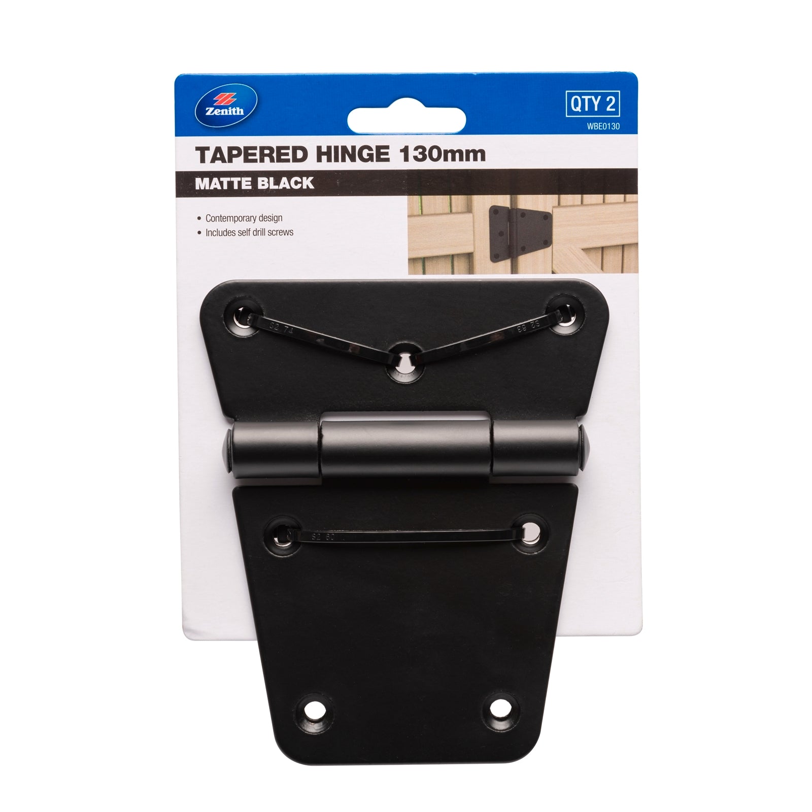 Zenith 130mm Matte Black Steel Tapered Gate Hinge - 2 Pack