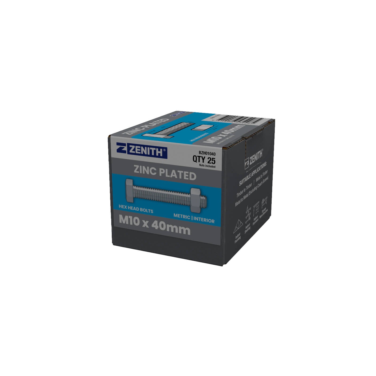 Zenith M10 x 40mm Zinc Plated Hex Head Bolts and Nuts - 25 Pack