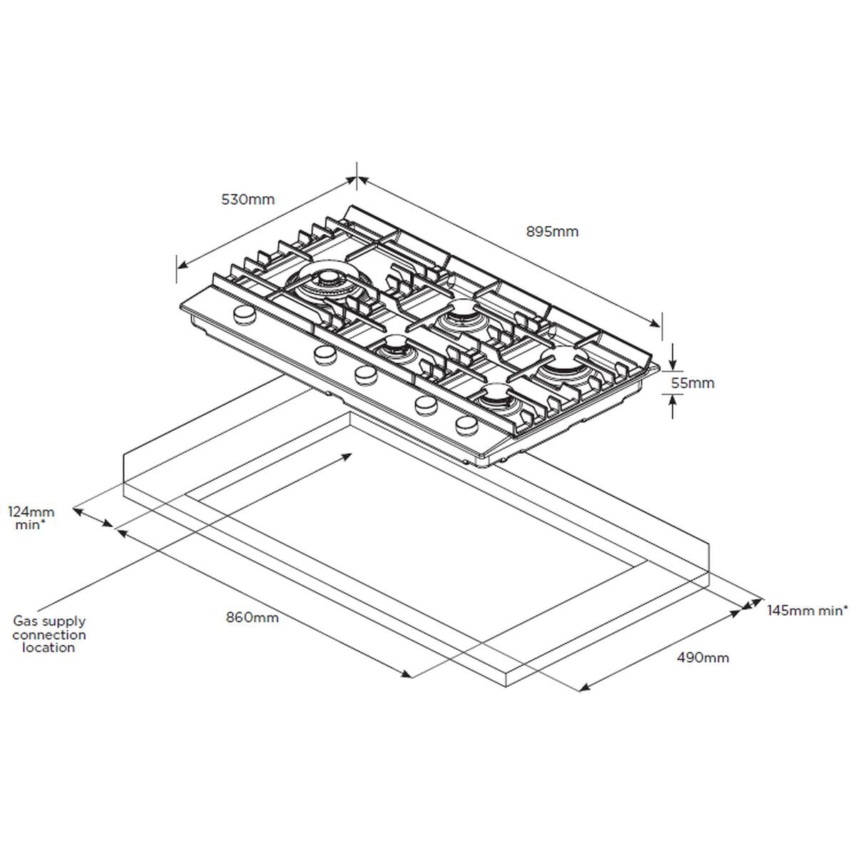 Westinghouse 90cm 5 Burner Natural Gas Cooktop - Stainless Steel, Cast Iron Trivets, Wok Burner - WHG954SC