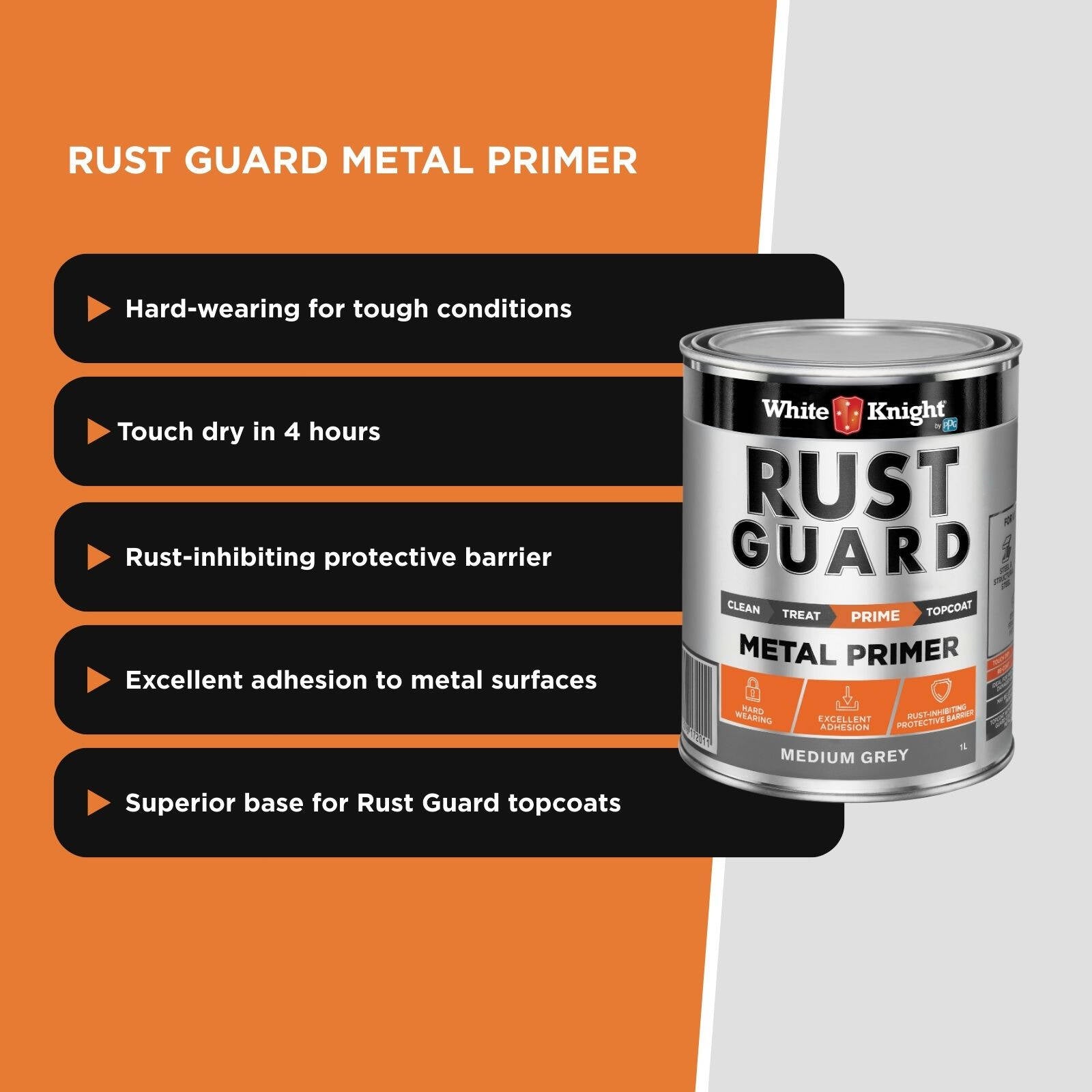 White Knight Rust Guard Metal Primer 1L - Medium Grey Solvent Based Rust-Inhibiting Primer