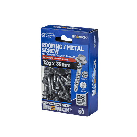 Bremick 12g x 39mm Hex Roofing Screw, Carbon Steel B8 Coating, Sealed Head Drill Point - 50 Pack