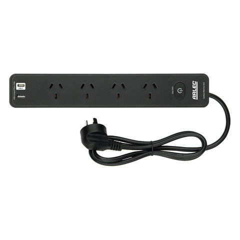 Arlec 4 Outlet Surge Protected Powerboard USB-A & USB-C with Master Switch Black PB4UCK-BK