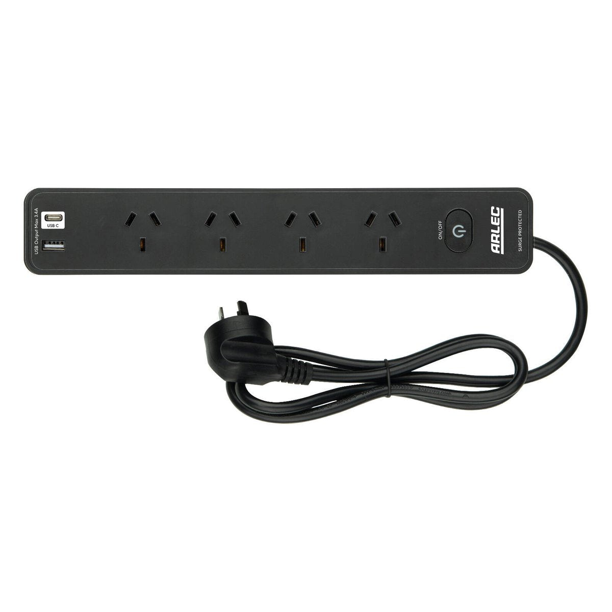 Arlec 4 Outlet Surge Protected Powerboard USB-A & USB-C with Master Switch Black PB4UCK-BK