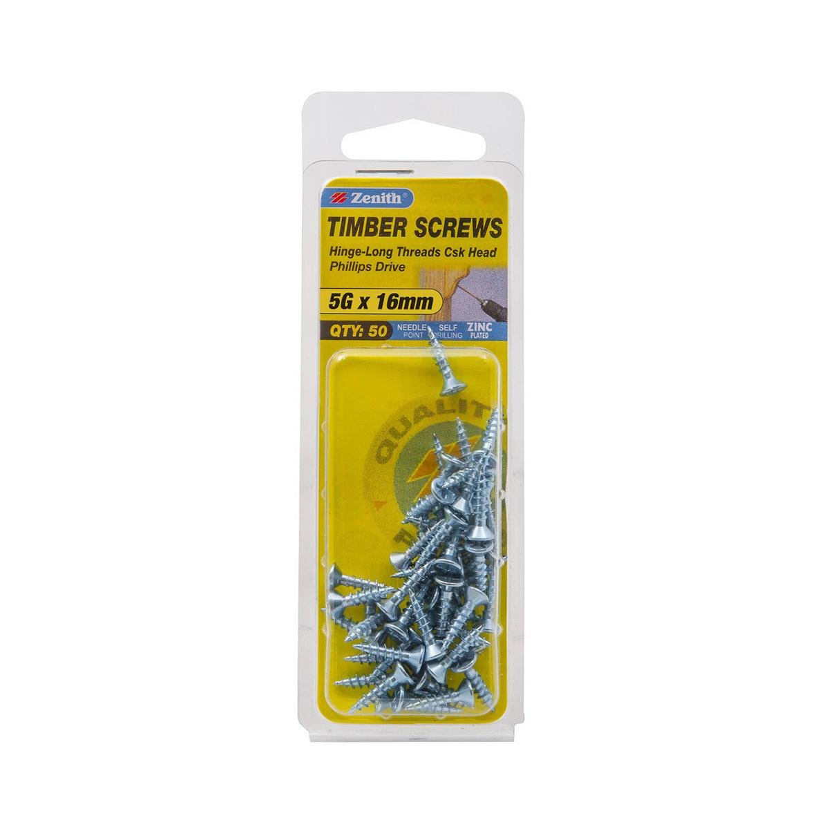 Zenith 5G x 16mm Zinc Plated Hinge-Long Thread Countersunk Timber Screws, 50 Pack