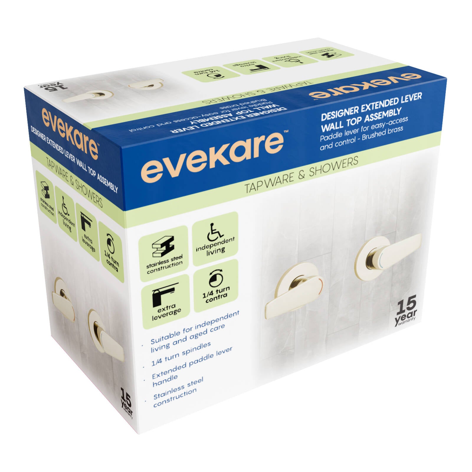 evekare Brushed Brass 1/4 Turn Extended Lever Wall Top Assembly 150mm