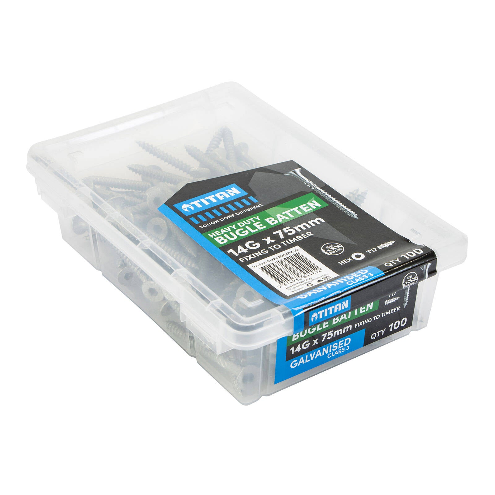 Titan 14g x 75mm Class 3 Galvanised Bugle Batten Screw, Type 17 - 100 Pack