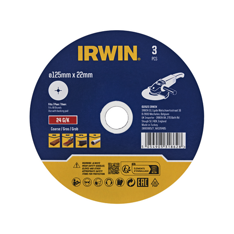 Irwin 125 x 22mm 24 Grit Fibre Disc 3 Pack for Wood & Metal