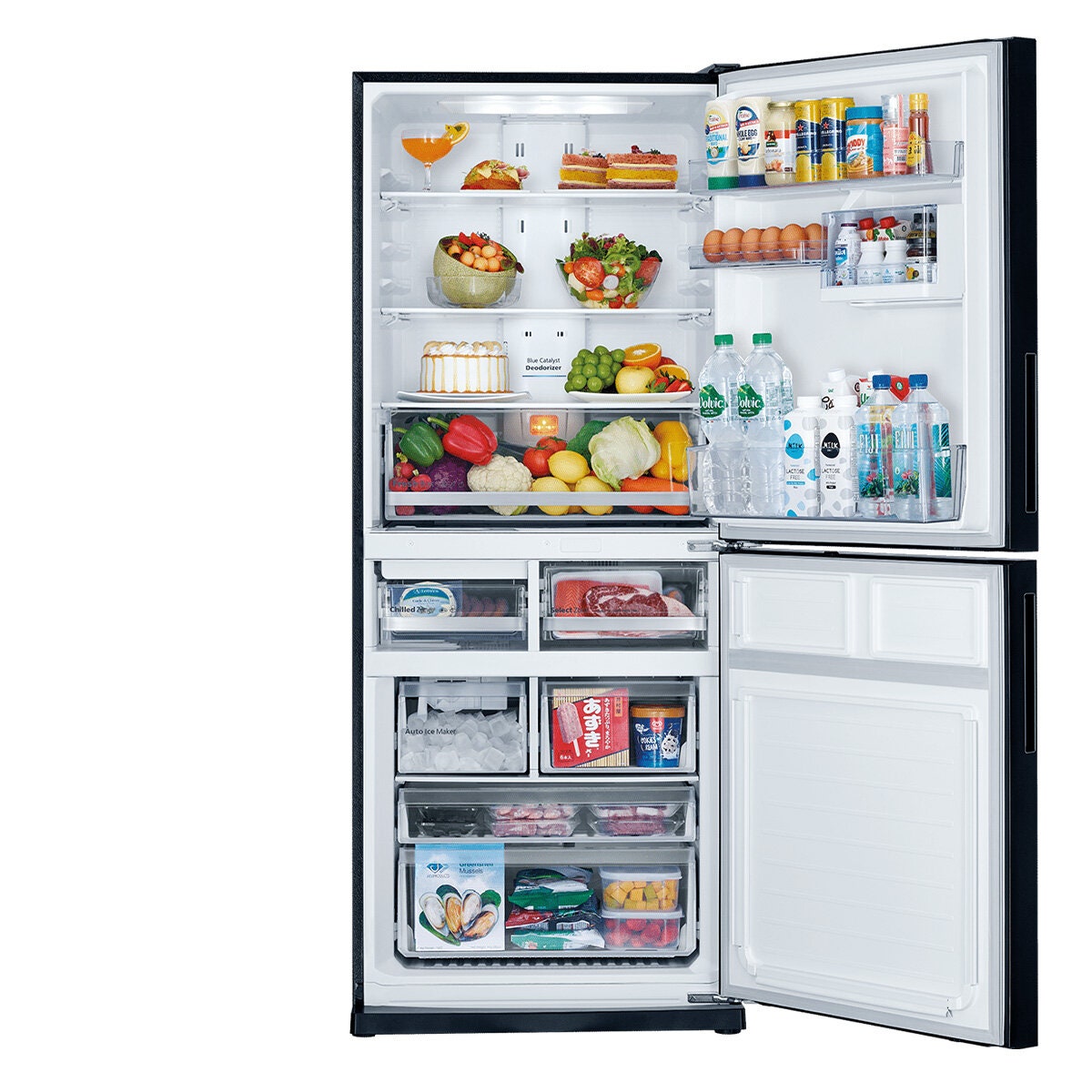 Mitsubishi Electric 421L Bottom Mount Fridge - Black Glass, Ice Maker, Select Zone - MR-HGS421EX-GBK-A