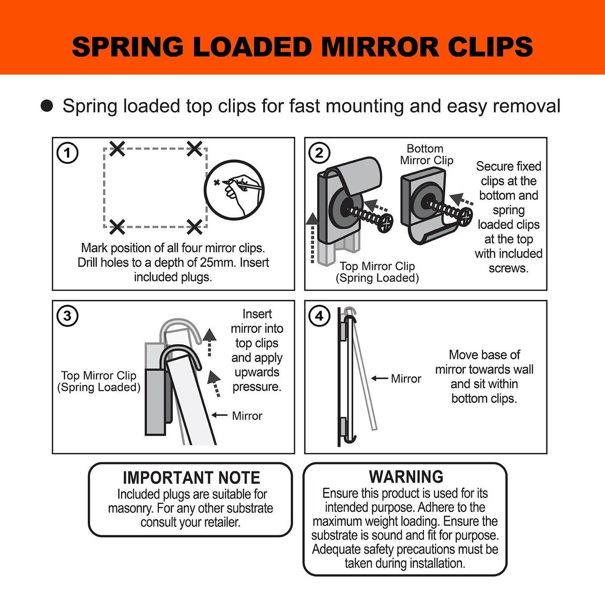 Everhang 11kg Spring Loaded Mirror Clip Set, Nickel Plated Steel