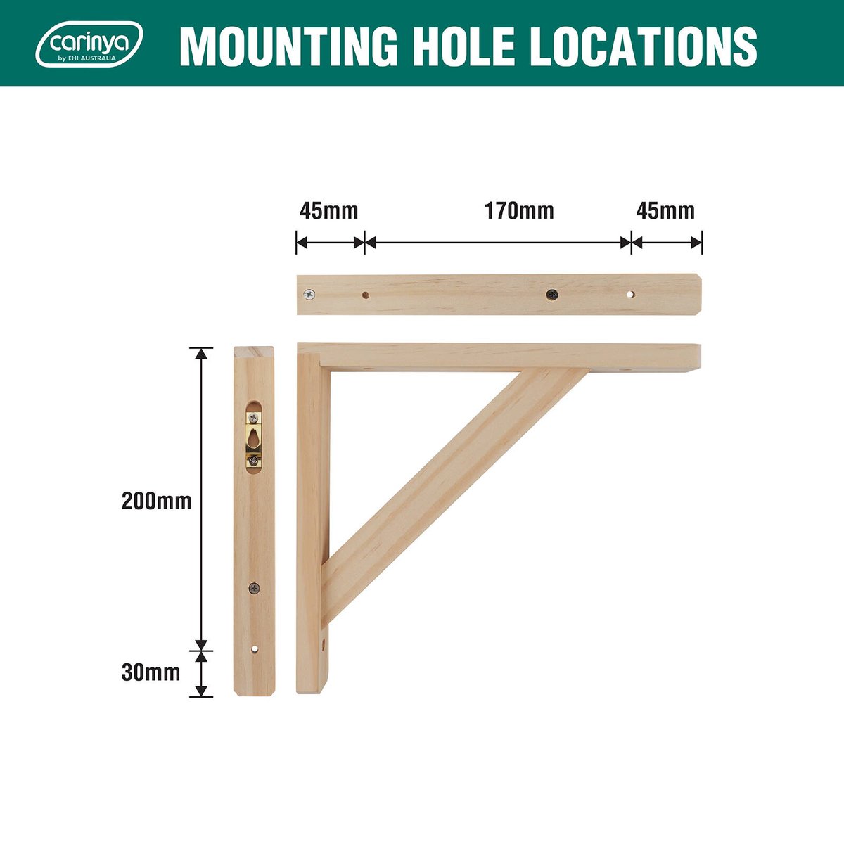 Carinya 260 x 230mm Raw Pine Stayed Bracket Wall Mount 20kg Capacity Indoor