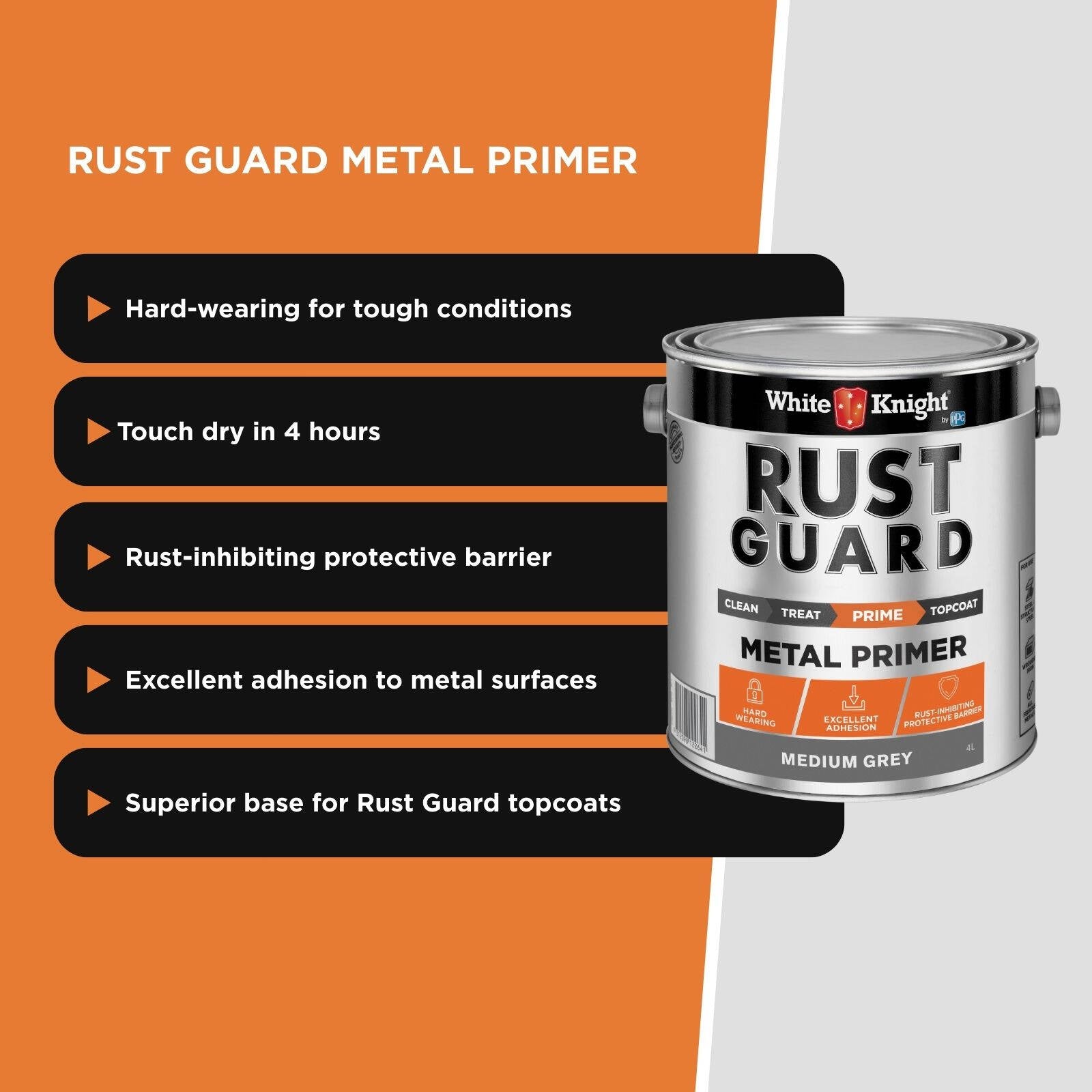 White Knight Rust Guard Metal Primer 4L - Medium Grey Solvent Based Rust-Inhibiting Primer