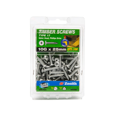 Zenith 10G x 25mm Galvanised Type 17 Wafer Head Timber Screws - 100 Pack