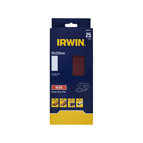 IRWIN 92 x 230mm 40 Grit 1/3 Un-Punched Sanding Sheets - 25 Pack