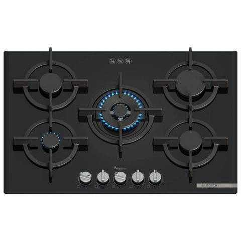 Bosch 75cm Series 6 Natural Gas Cooktop - Black Tempered Glass, Five Burners, FlameSelect - PPQ7A6I10A
