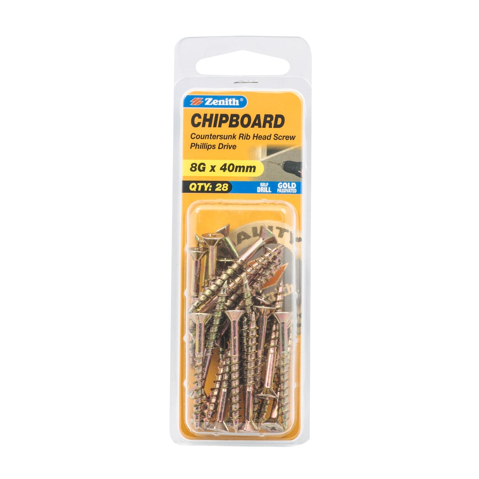 Zenith 8G x 40mm Gold Passivated Countersunk Rib Head Chipboard Screws - 28 Pack