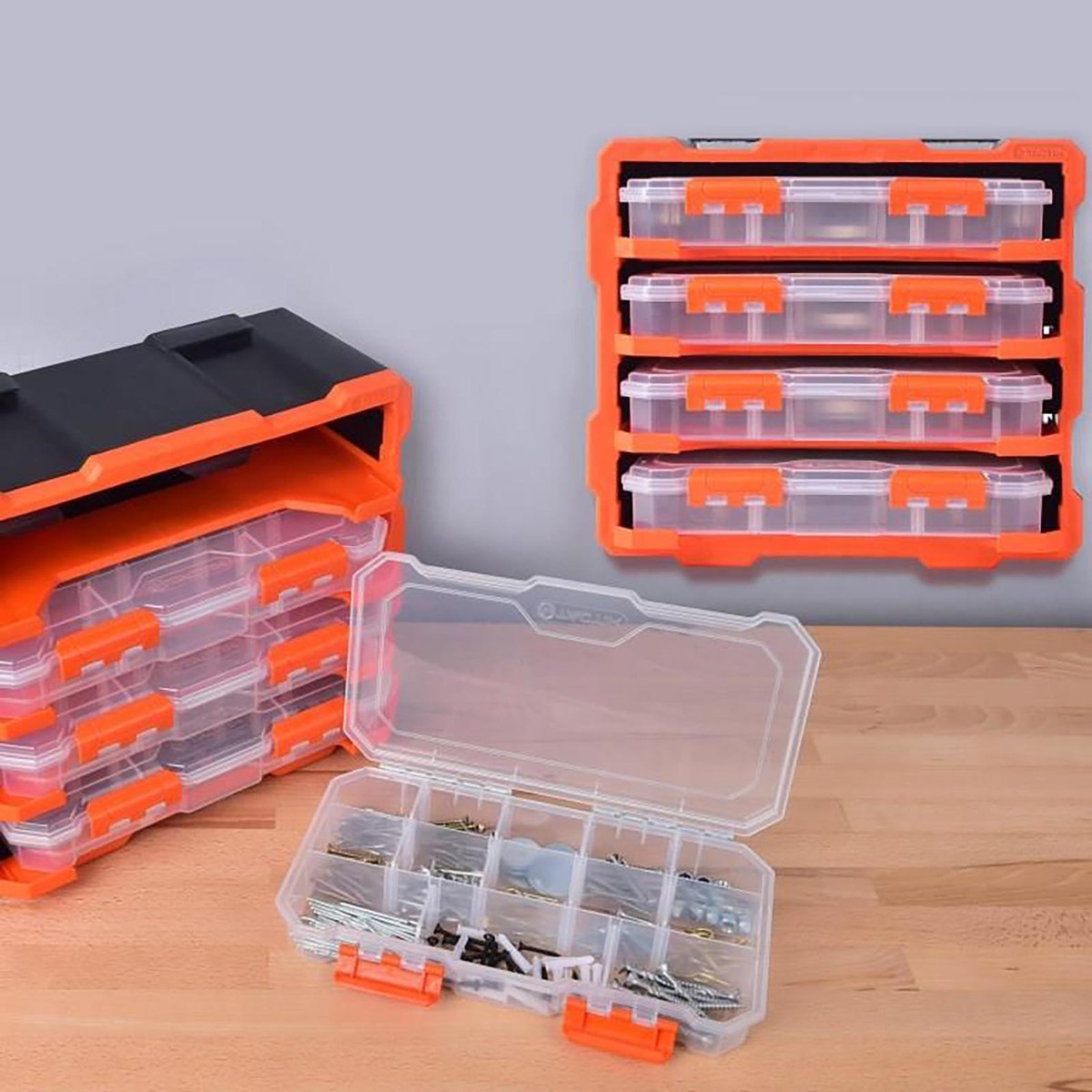 Tactix 13 Compartment Storage Box Transparent Polypropylene Removable Dividers Stackable