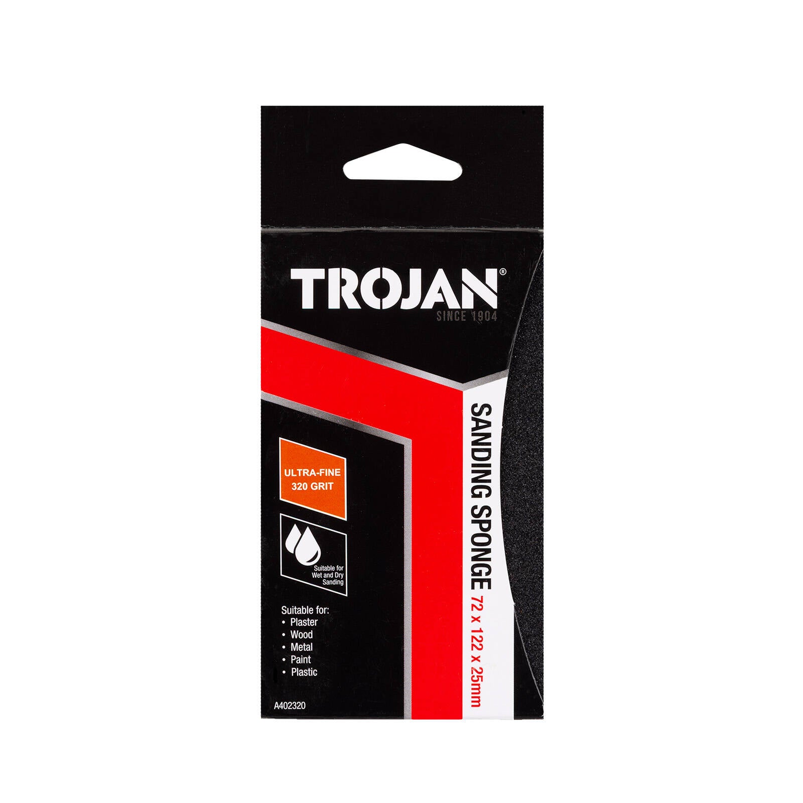Trojan Jumbo Sanding Sponge 320 Grit, 76 x 127 x 25mm Foam Wet & Dry