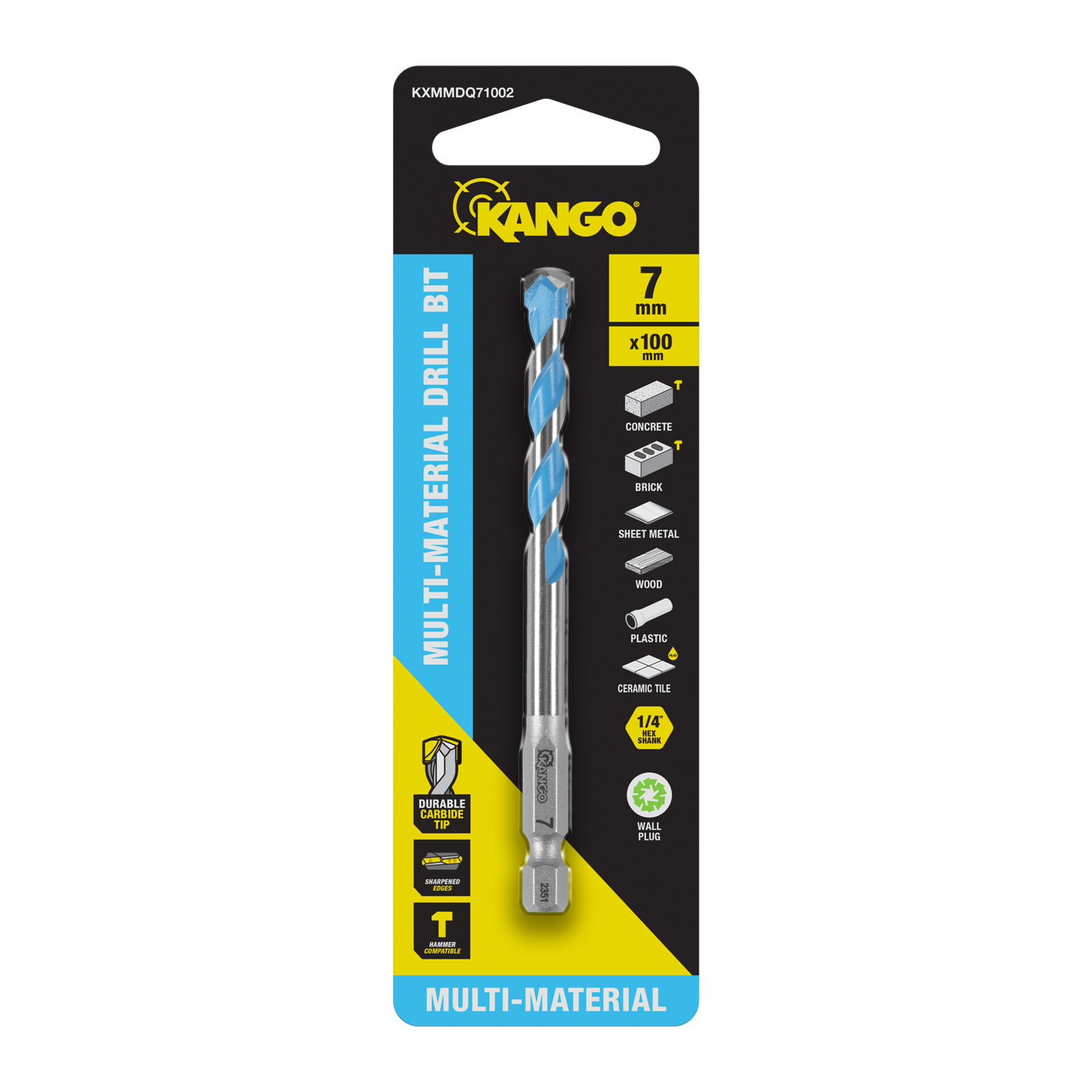 Kango 7 x 100mm Multi-Material Drill Bit - Carbide Tip, 1/4" Hex Shank