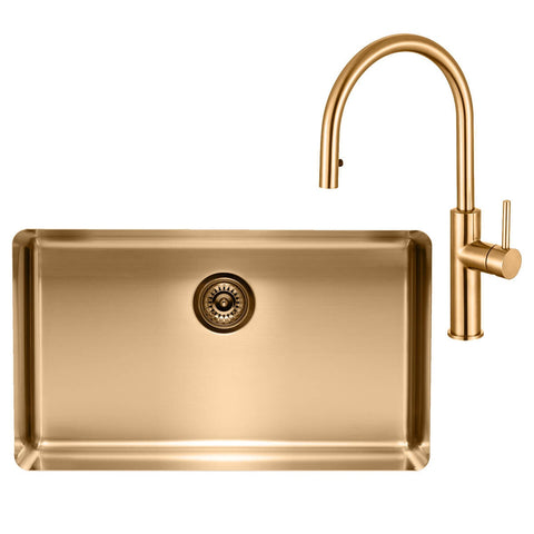 Titan Essentials 750mm Single Bowl Sink and Pull Out Gooseneck Mixer Tap Package - Brass - 57L - TSBRPK702