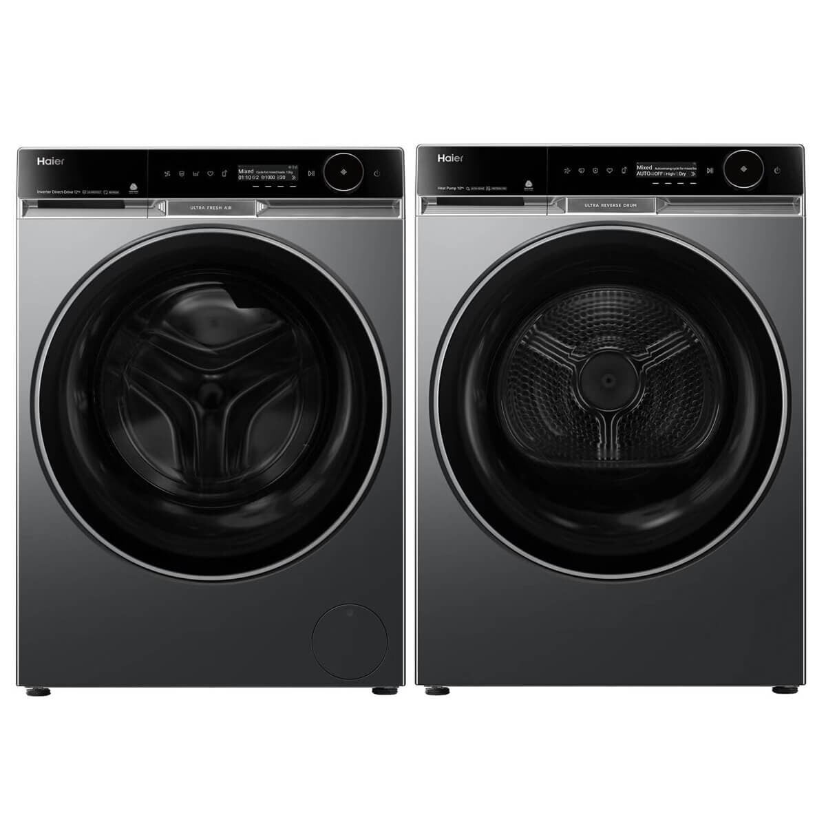 Haier 600 Series 12kg Front Load Washer & 10kg Heat Pump Dryer - Black - Steam Care - HWF12PXB2HDHP10PXB1