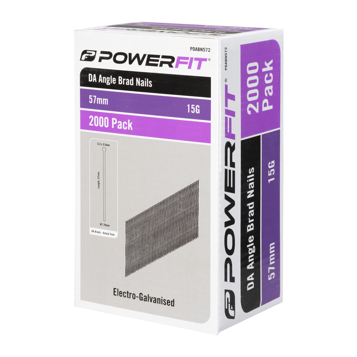 PowerFit 57mm Electro-Galvanised DA Angled Brad Nails - 2000 Pack
