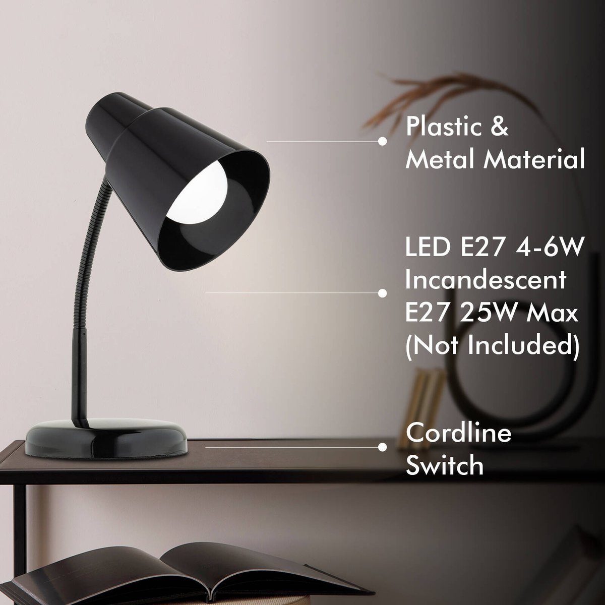 Verve Design Black Brylee Adjustable Head Desk Lamp 25W ATL153BK
