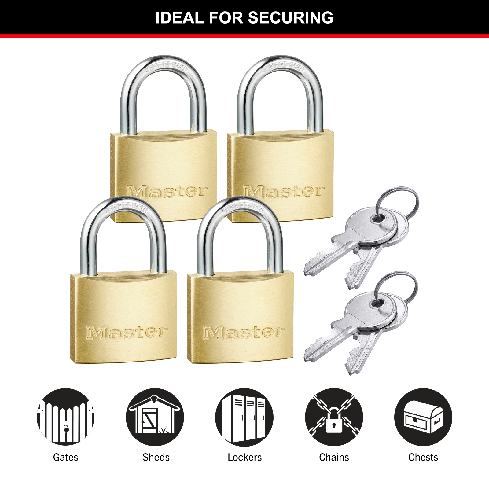 Master Lock 40mm Solid Brass Keyed Padlock - 4 Pack